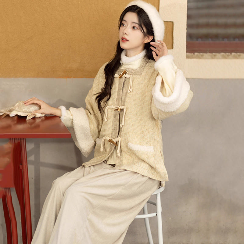 Vintage Square Neck Jacket Buckle Top Wide Leg Pants Three Pieces Set - image 8