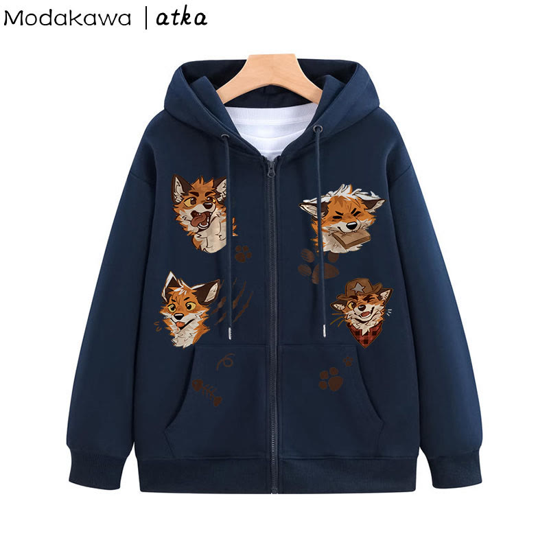 MODAKAWA X atka Playful Fox Graphic Zip Up Hoodie Sweatshirt - Purplish Blue - 5XL - image 3