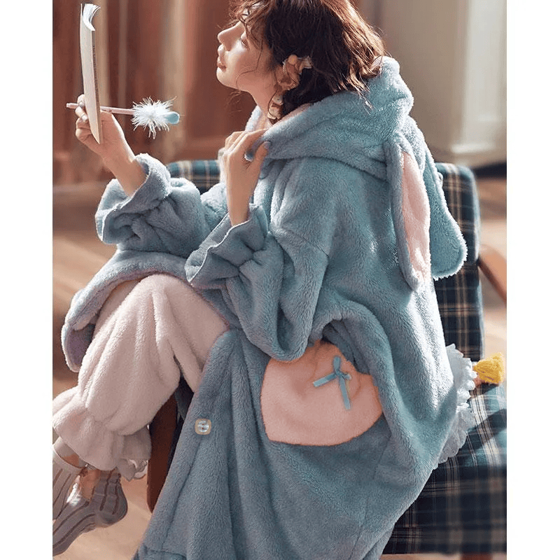 Cute Bunny Ears Open Front Plush Hooded Pajama Set - image 6