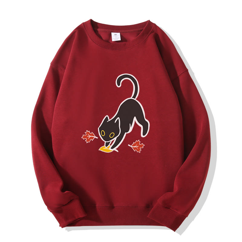 Black Cat Pouncing On Leaf Halloween Graphic Round Collar Sweatshirt - Wine Red - 5XL - image 4