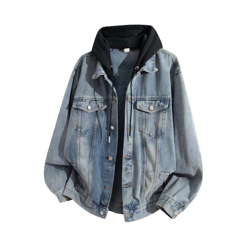 Vintage Casual Fake Two Piece Loose  Hooded Denim Jacket - Dark Blue B - 3XL - image 11