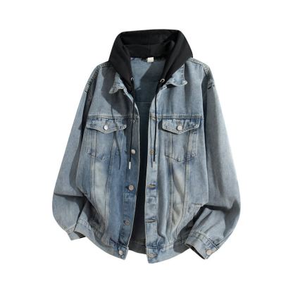 Vintage Casual Fake Two Piece Loose  Hooded Denim Jacket - Dark Blue B - 3XL - image 11