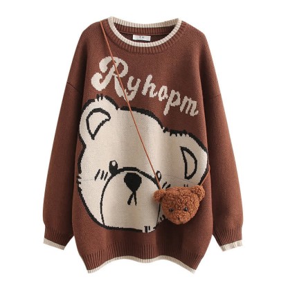 Bear Print Round Collar Sweater With Crossbody Bag - image 2