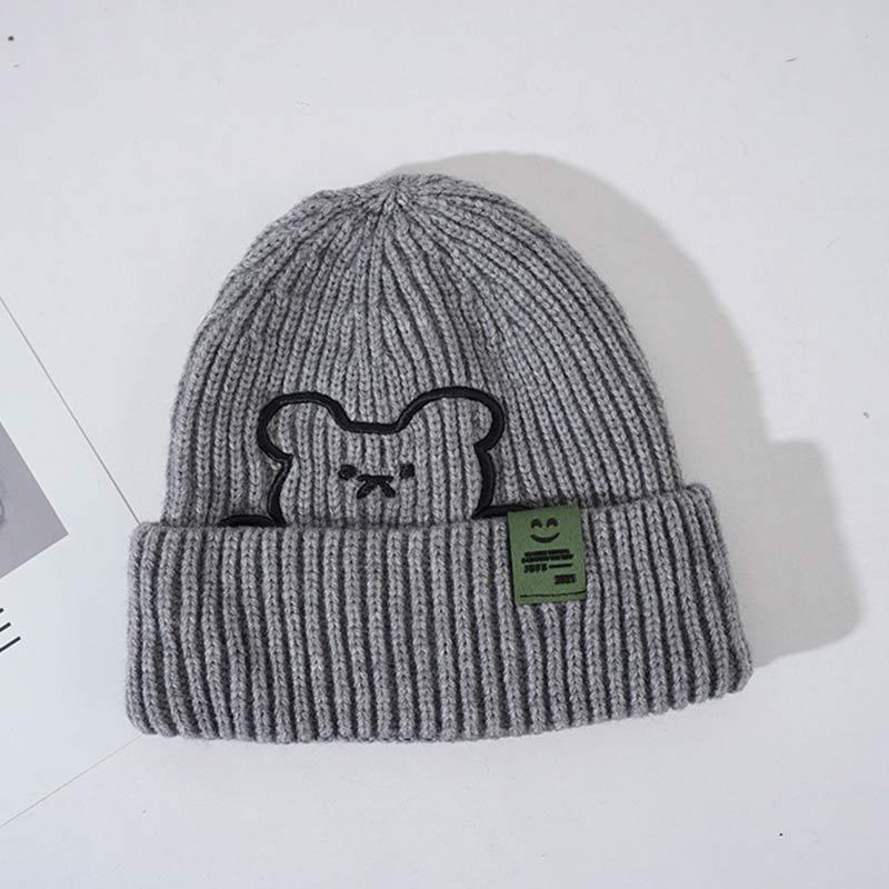 Cartoon Bear Embroidery Knit Hat - Gray - M(54-58cm) - image 10