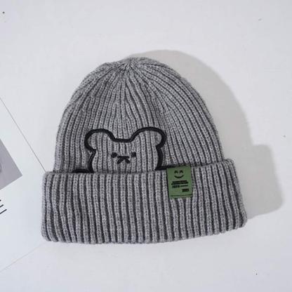 Cartoon Bear Embroidery Knit Hat - Gray - M(54-58cm) - image 10