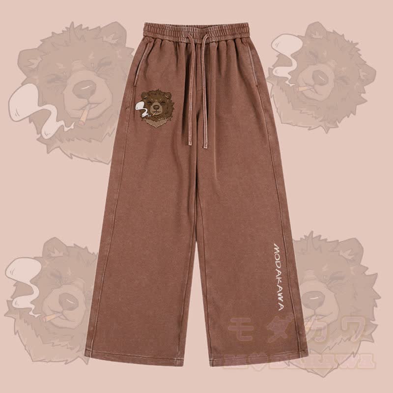 MODAKAWA Smoking Bear Graphic Vintage Washed Adjustable Hem Pants - Brown - 2XL - image 3