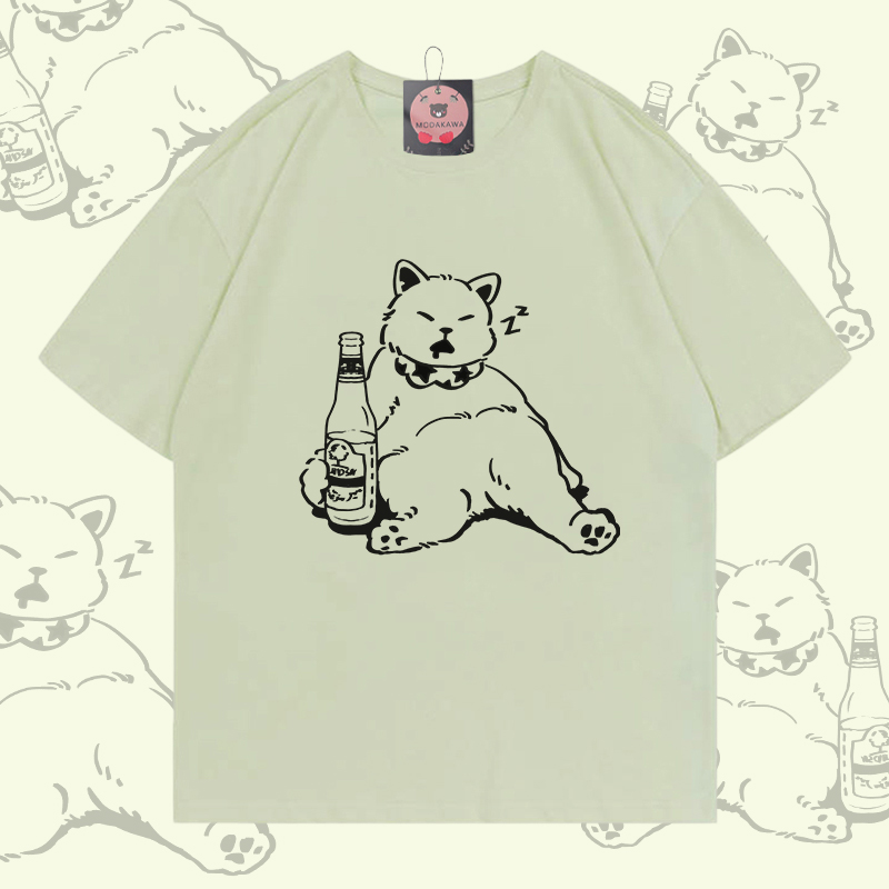 Sleeping Cat Graphic Modakawa 100% Cotton T-shirt - Milky Green - 5XL - image 2