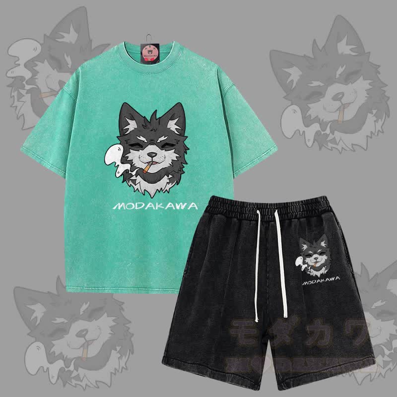 MODAKAWA Smoking Puppy Graphic Vintage Washed T-shirt Shorts Two Pieces Set - Green&Black - 3XL - image 12