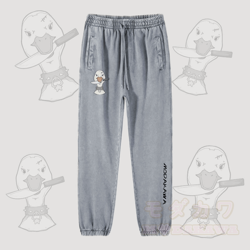 MODAKAWA Goose With Knife Graphic Vintage Washed Jogger Pants - Grey - 2XL - image 3