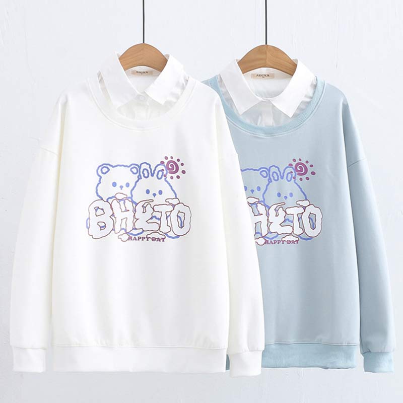 Cartoon Bear Bunny Print Fake Two Pieces Sweatshirt - image 2