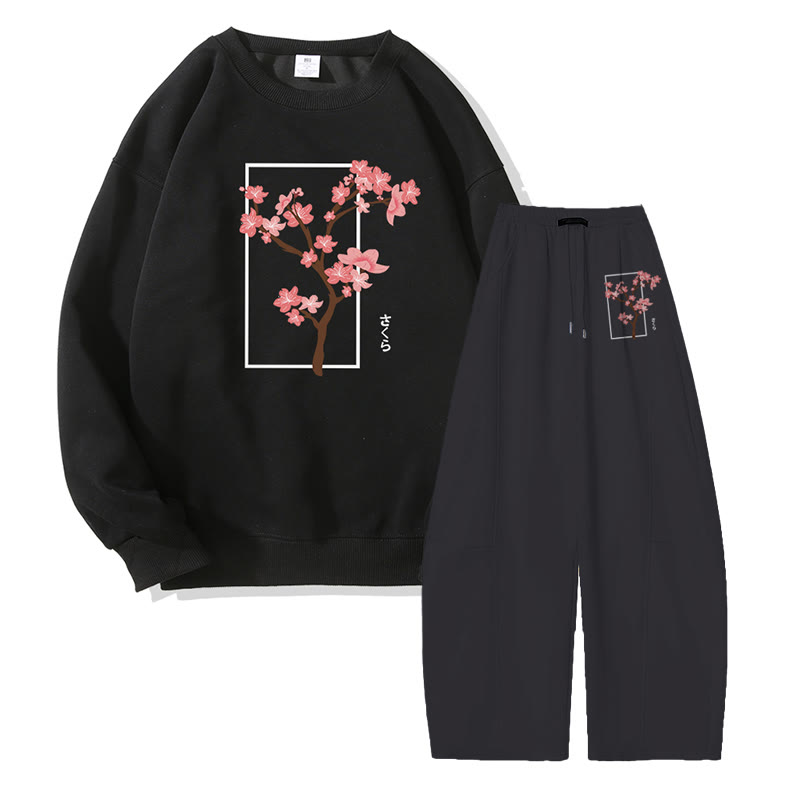 MODAKAWA Cherry Tree Graphic Sweatshirt Wide Leg Pants Two Pieces Set - Black - 5XL - image 6