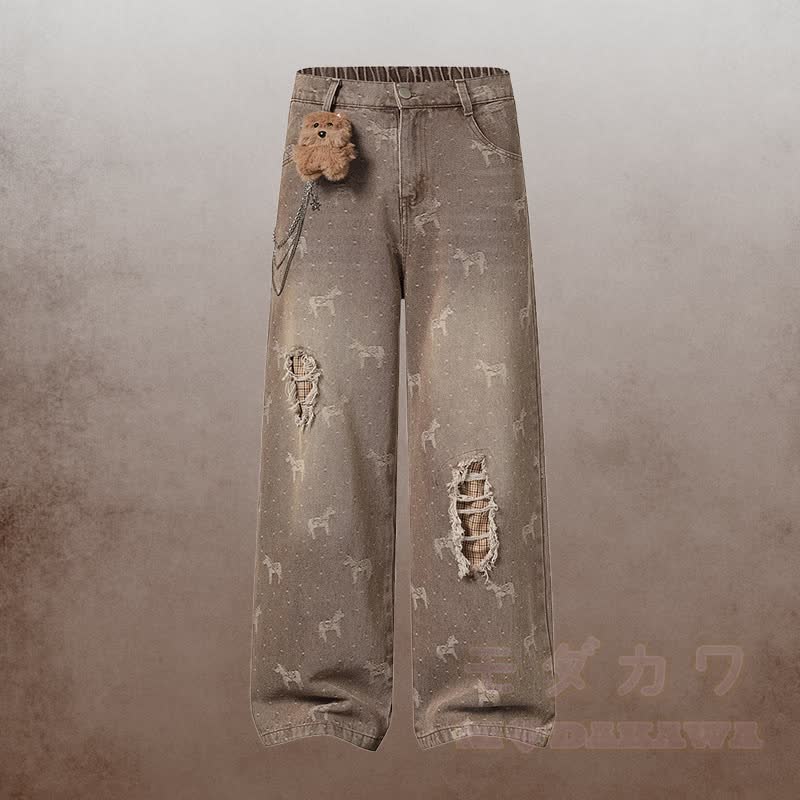 Polka Dot Star Graphic POLO T-shirt 3D Bear Chain Ripped Denim Pants Modakawa Matching Outfit - Brown Pants - XL - image 5