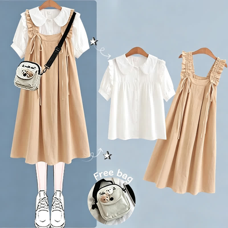College Style Short Sleeve Shirt Strap Dress Two Pieces Set  - Khaki Set B - XL - image 7