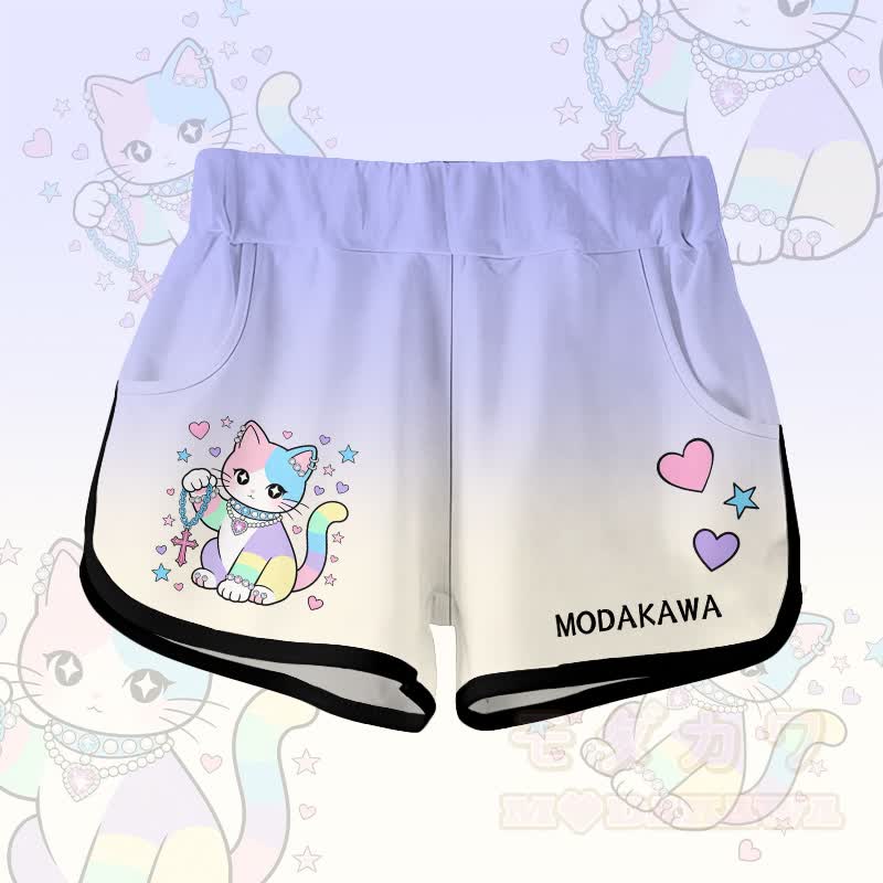 Pastel Gradient Cat Graphic Modakawa Shorts - Purple B - 5XL - image 3