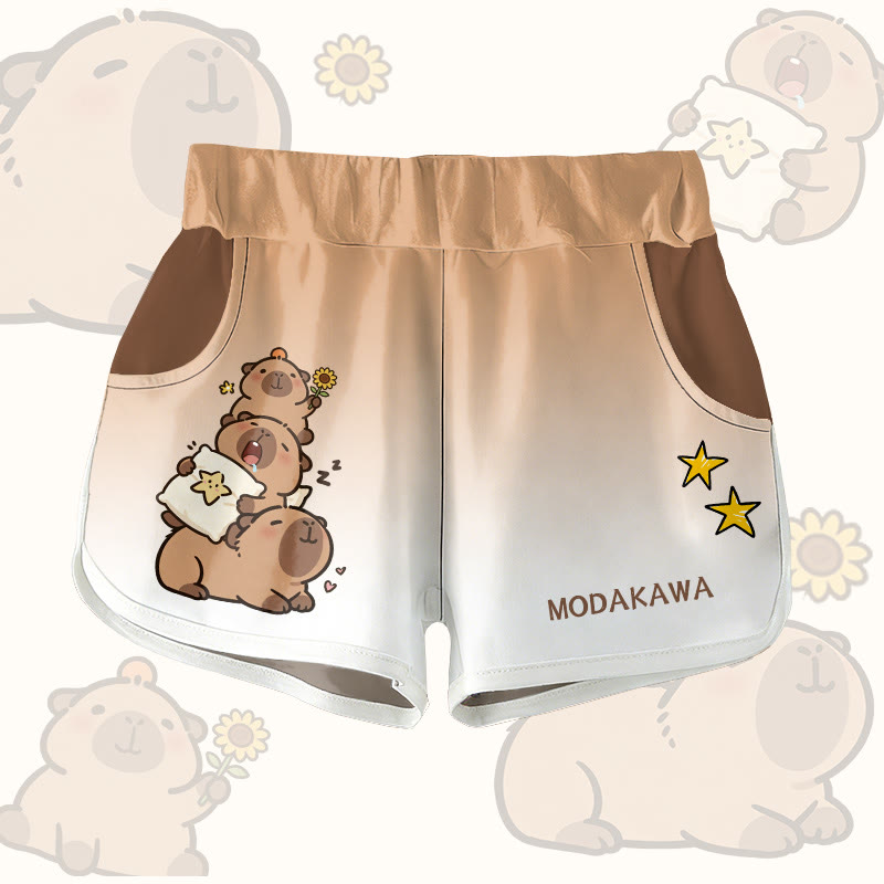 Capybara Stack Graphic Modakawa Shorts - Brown & White - 5XL - image 4