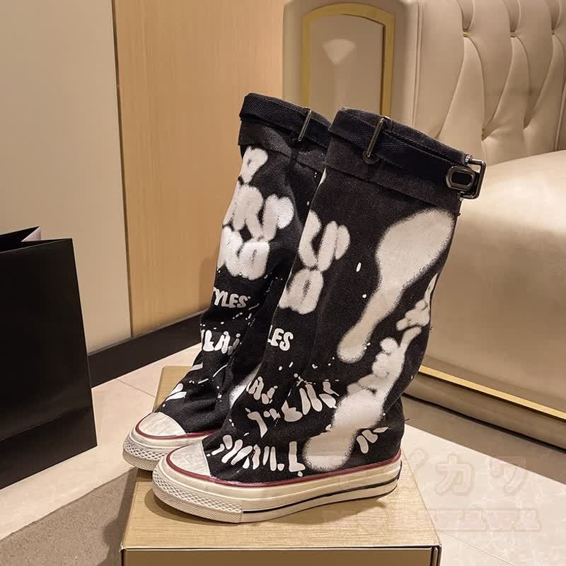 Vintage Graffiti High Top Canvas Stacked Mid Calf Boots - Black - 40 - image 5