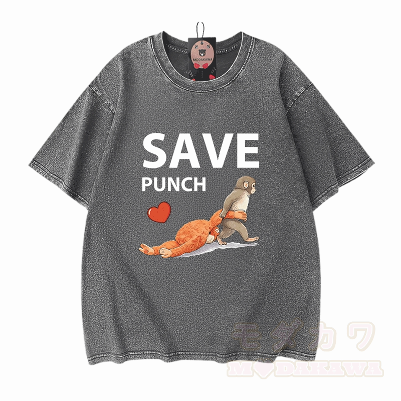 SAVE PUNCH Monkey Graphic Modakawa Unisex Vintage Washed T-shirt - Grey - 5XL - image 7