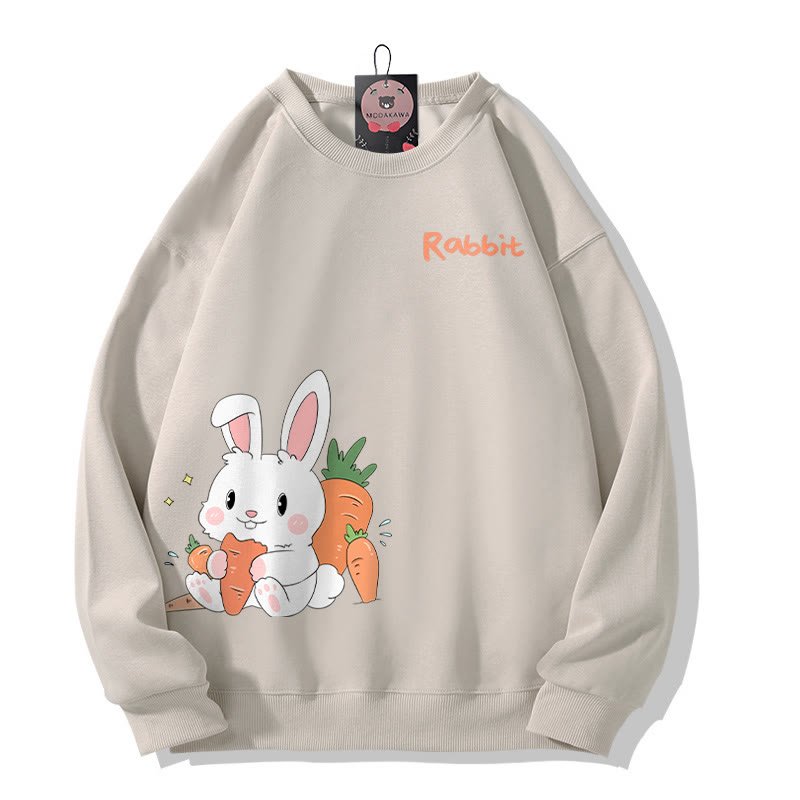 Rabbit Eating Carrots Graphic Round Collar Sweatshirt - Light Beige - 5XL - image 3