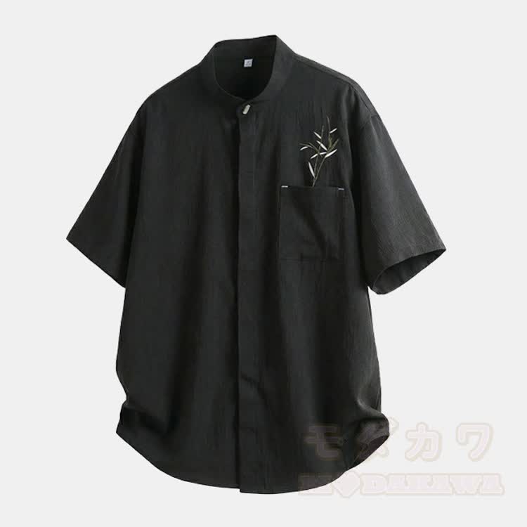 Bamboo Embroidered Mandarin Collar Button-Up Shirt - Black - 2XL - image 7