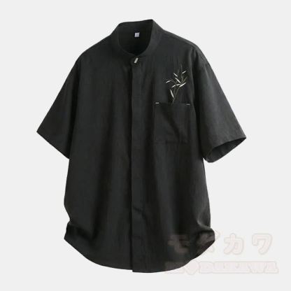 Bamboo Embroidered Mandarin Collar Button-Up Shirt - Black - 2XL - image 7