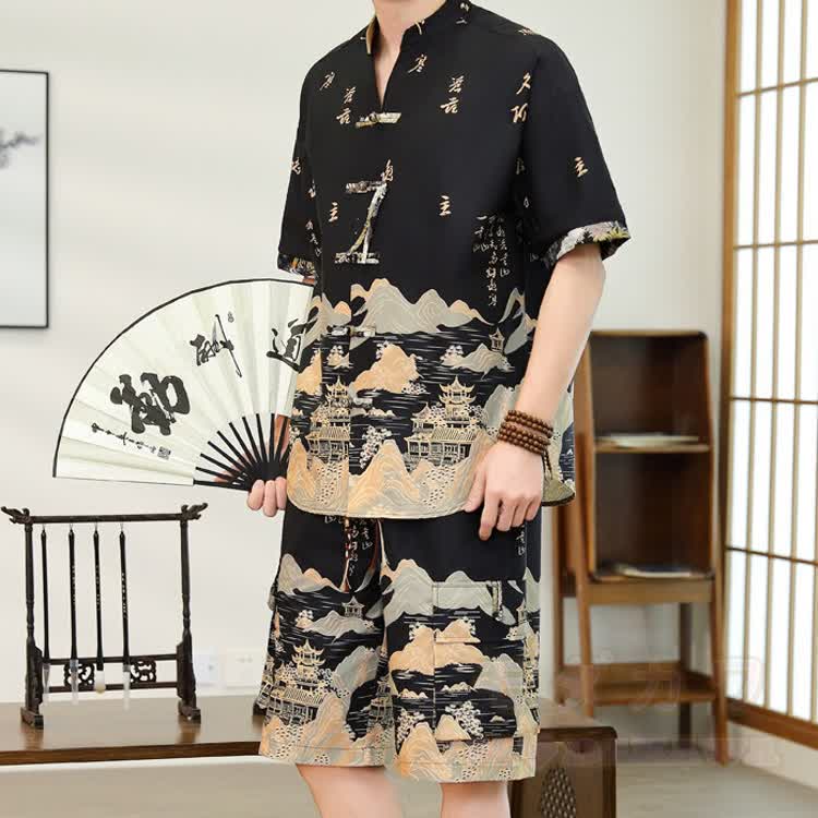 Vintage Print Vacation Frog Button Shirt Shorts Set - Black - 4XL - image 9