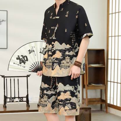 Vintage Print Vacation Frog Button Shirt Shorts Set - Black - 4XL - image 9
