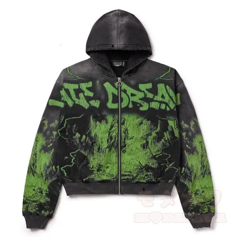 Y2K Vintage Letter Print Zip Up Hooded Jacket - Green - 4XL - image 10