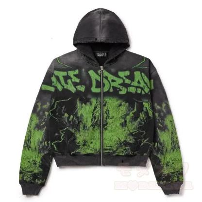 Y2K Vintage Letter Print Zip Up Hooded Jacket - Green - 4XL - image 10