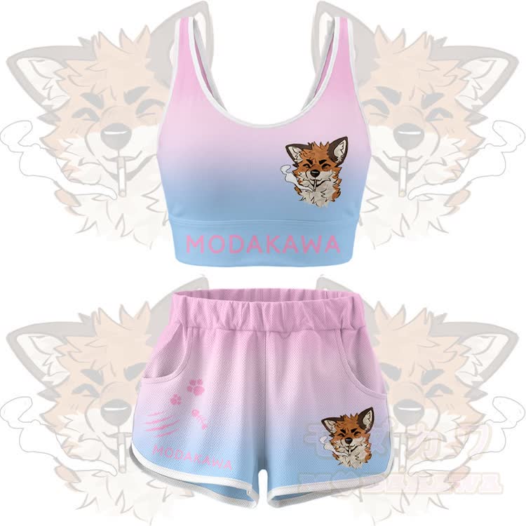 MODAKAWA X atka Smoking Fox Graphic Crop Tank Sport Top Shorts Bikini Matching Outfit - Pink Set - 5XL - image 12