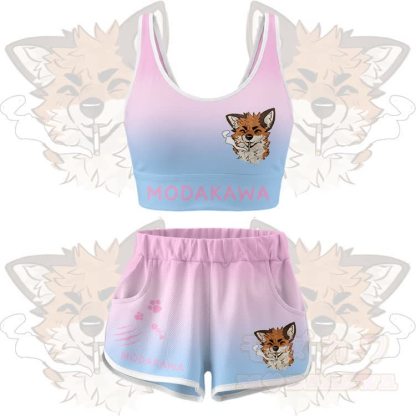 MODAKAWA X atka Smoking Fox Graphic Crop Tank Sport Top Shorts Bikini Matching Outfit - Pink Set - 5XL - image 12