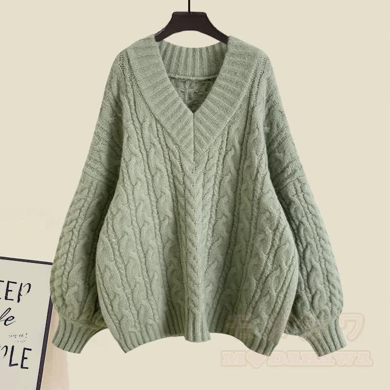 V-neck Cable Sweater Fishtail Skirt Two Pieces Set - Green Sweater - XL - image 6