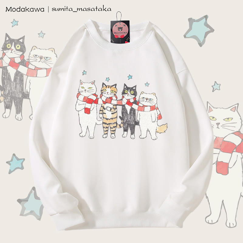 MODAKAWA X sumita_masataka Scarf Sharing Cats Graphic Unisex Sweatshirt - White - 5XL - image 4