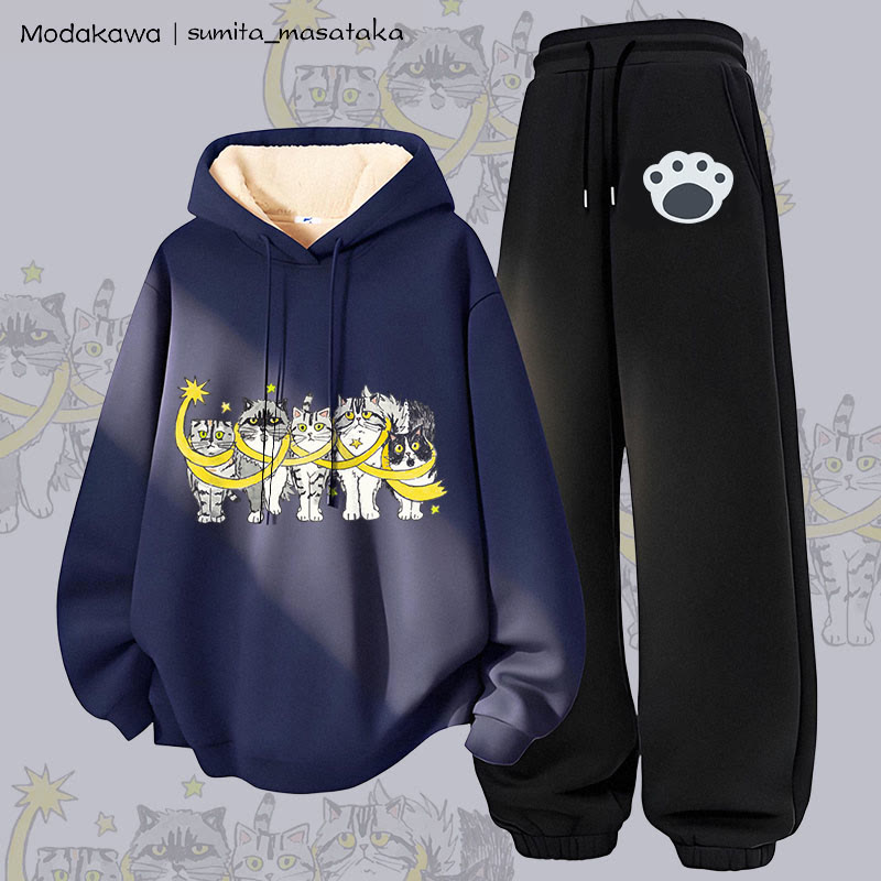 MODAKAWA X sumita_masataka Cats Wrapped In Stars Graphic Thick Fleece Lined Hoodie Pants Two Pieces Set - Purplish Blue&Black - 5XL - image 3