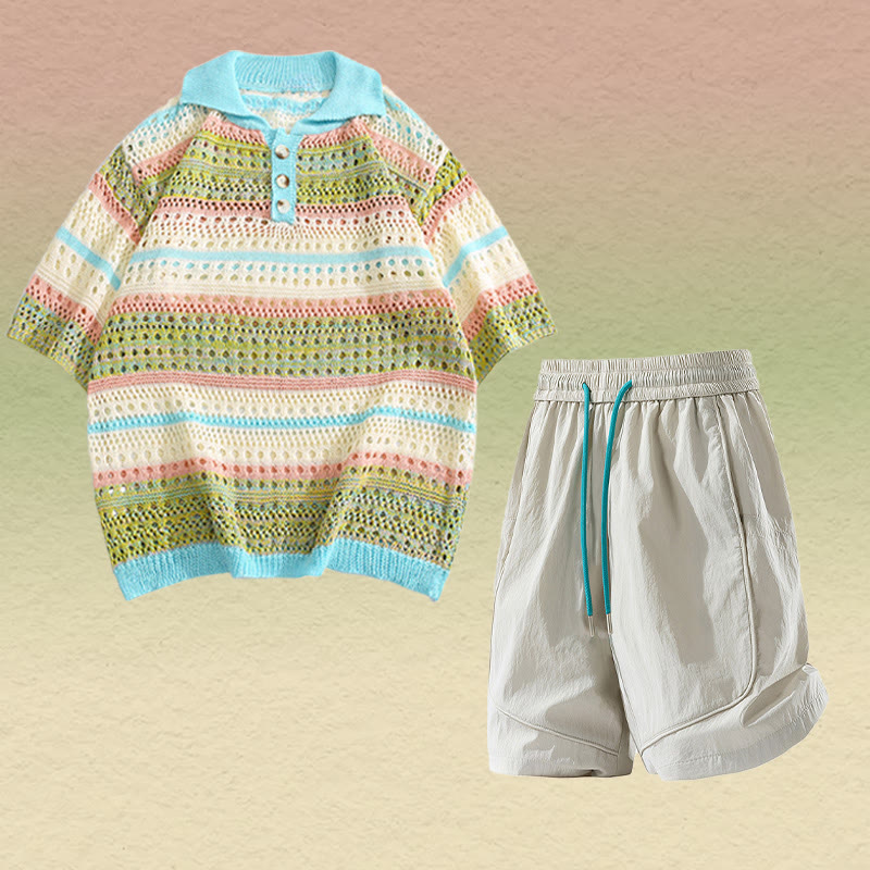 Stripe Open Knit Polo Shirt Quick Dry Drawstring Shorts Modakawa Matching Outfit - Two Pieces Set C - 2XL - image 3