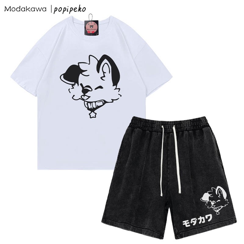 MODAKAWA X popipeko Puppy Letter T-shirt Vintage Washed Shorts Two Pieces Set - White&Black - 3XL - image 9