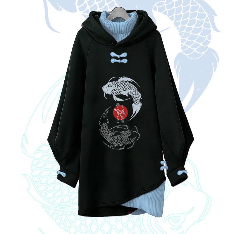 Koi Graphic Modakawa Buckle Vintage Hooded Sweatshirt Dress - Blue - 3XL - image 2