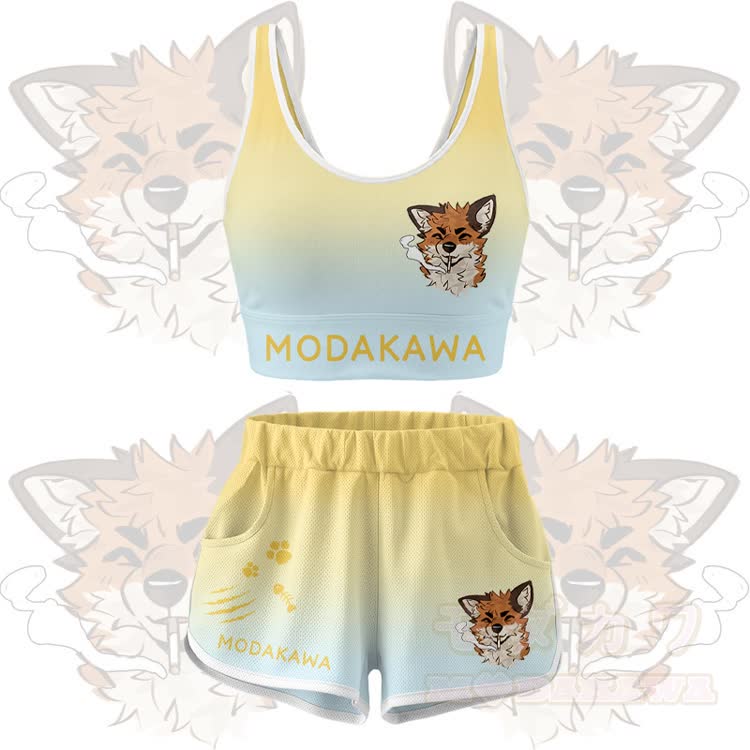 MODAKAWA X atka Smoking Fox Graphic Crop Tank Sport Top Shorts Bikini Matching Outfit - Yellow Set - 5XL - image 10