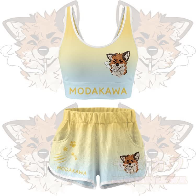 MODAKAWA X atka Smoking Fox Graphic Crop Tank Sport Top Shorts Bikini Matching Outfit - Yellow Set - 5XL - image 10