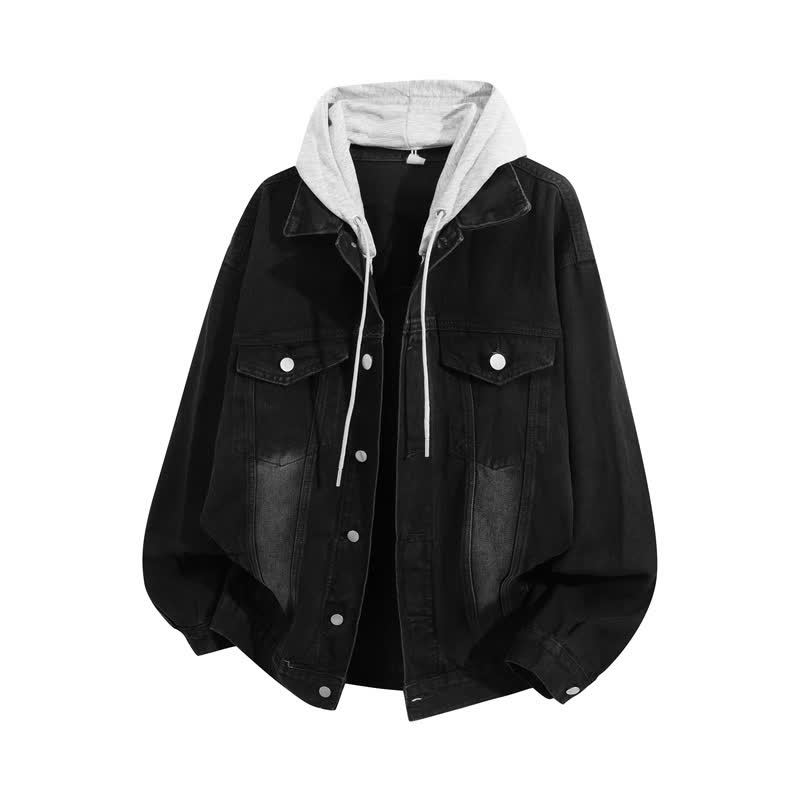 Vintage Casual Fake Two Piece Loose  Hooded Denim Jacket - Black A - 3XL - image 4