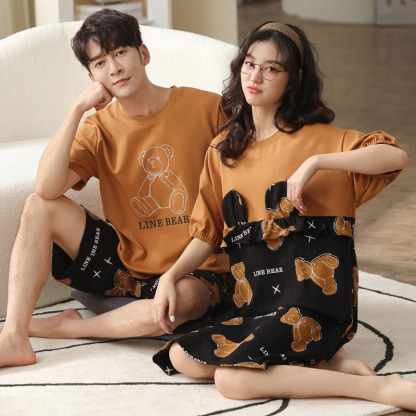 Girlfriend Boyfriend Cartoon Bear Letter Print Cotton Pajamas Set - image 5