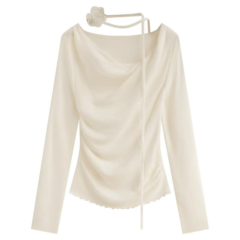 Irregular Ruffle Trim Flower Strap Top - Beige - One Size - image 4