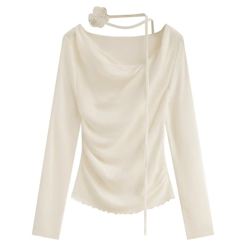 Irregular Ruffle Trim Flower Strap Top - Beige - One Size - image 4