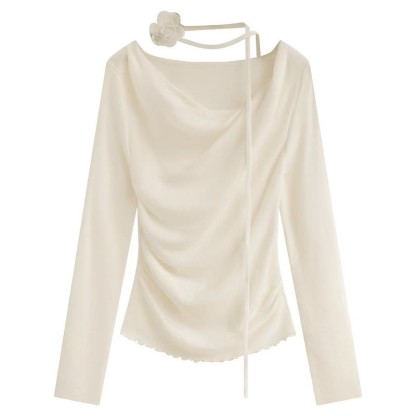 Irregular Ruffle Trim Flower Strap Top - Beige - One Size - image 4