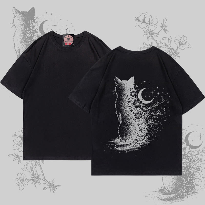 MODAKAWA Moon Cat Graphic T-shirt - Black - 5XL - image 4