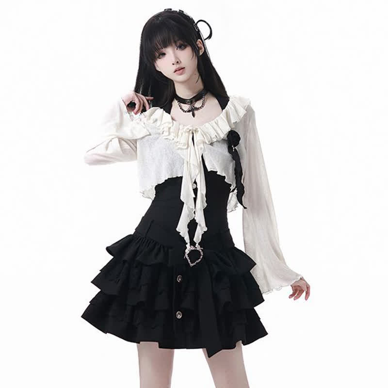 Gothic Ruffle Lace Knit Crop Cardigan Tiered Ruffle Dress Two Pieces Set  - Black&White Set - XL - image 5