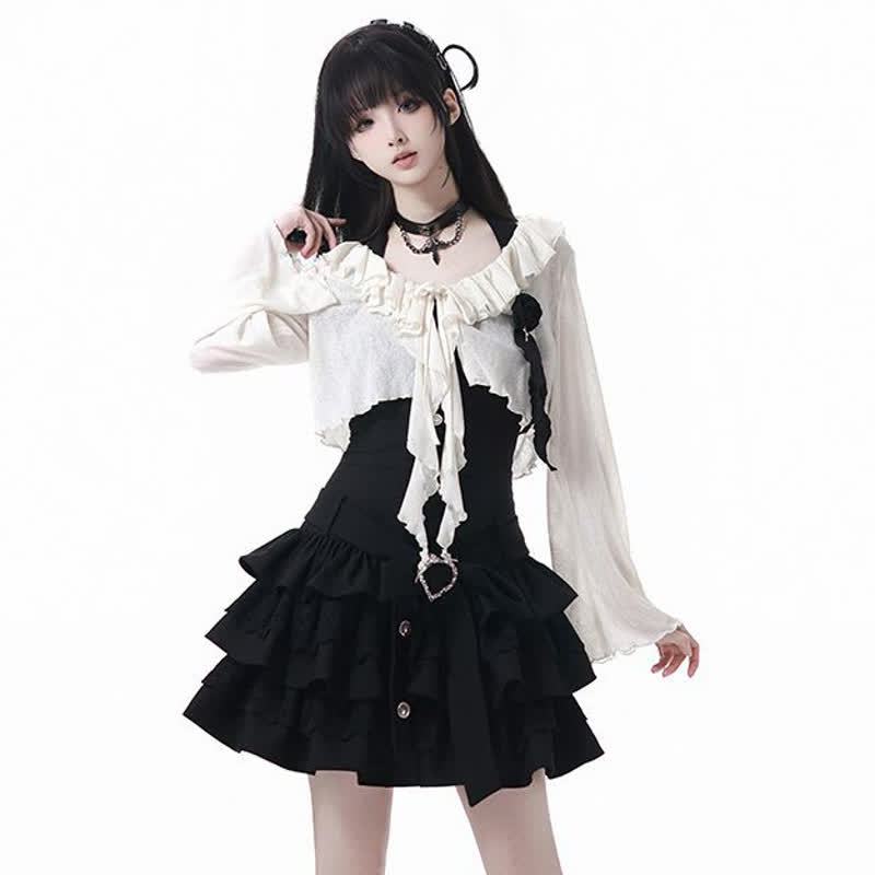 Gothic Ruffle Lace Knit Crop Cardigan Tiered Ruffle Dress Two Pieces Set  - Black&White Set - XL - image 5