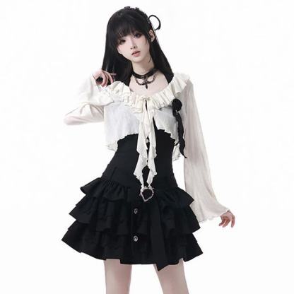 Gothic Ruffle Lace Knit Crop Cardigan Tiered Ruffle Dress Two Pieces Set  - Black&White Set - XL - image 5