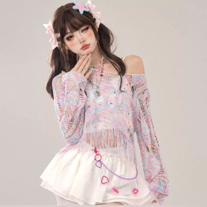 Sweet Hollow Out Knit Cover Up And Cami Top Two Pieces Set - Pink - XL - image 5