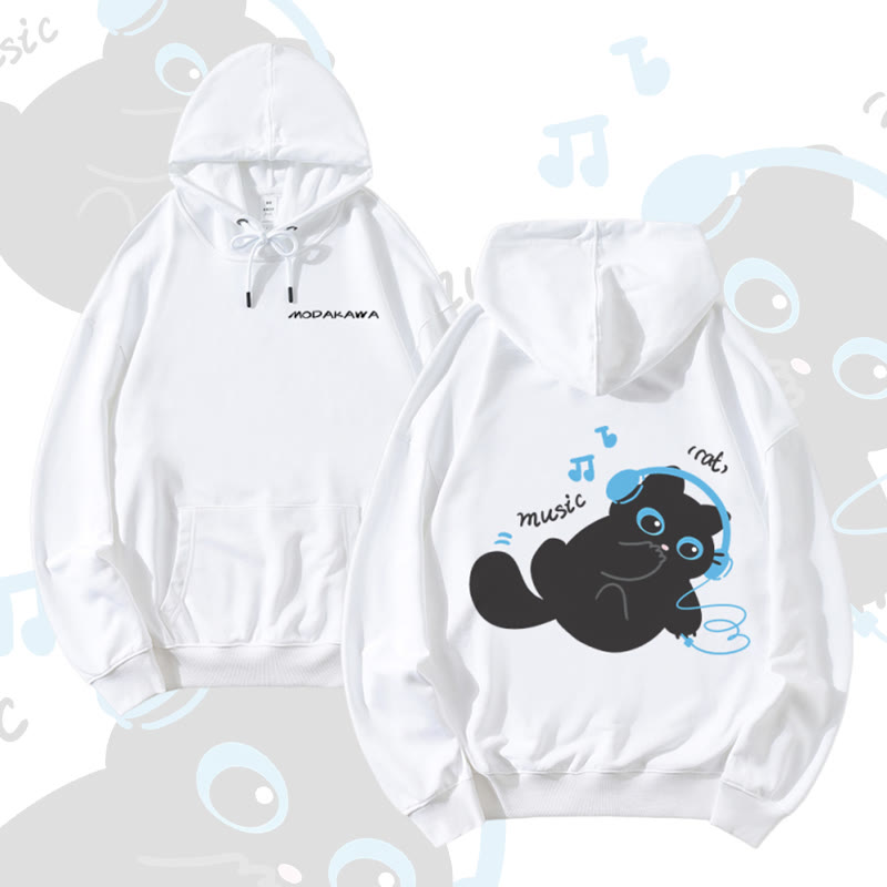MODAKAWA Black Cat Listening to Music Graphic Cotton-Blend Matching Hoodie - White - 5XL - image 3