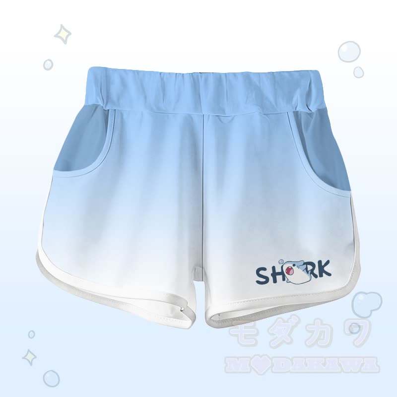 Gradient Shark Graphic T-shirt Letter Graphic Shorts Modakawa Matching Outfit - Blue & White Shorts - 5XL - image 7